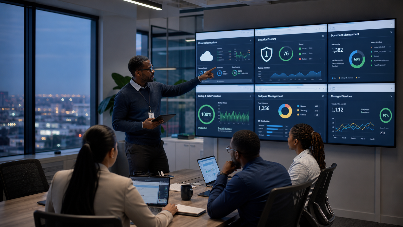 Technology team reviewing cloud, security, document, endpoint, and managed services dashboards